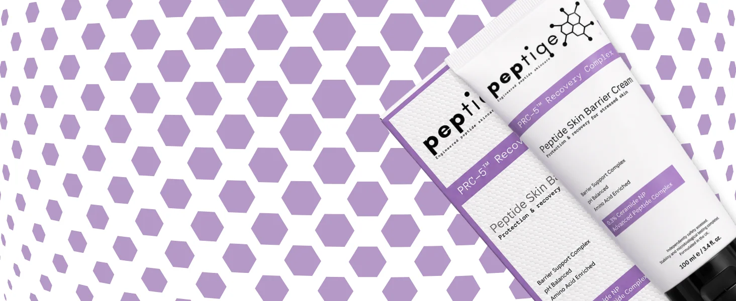 PRC-5 Recovery Complex tube and carton over a lavender hexagonal pattern